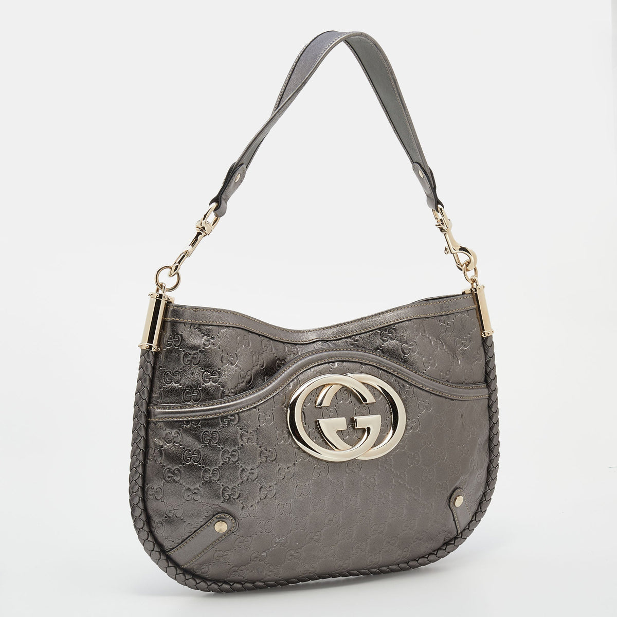Gucci Metallic Grey Guccissima Leather Medium Britt Shoulder Bag
