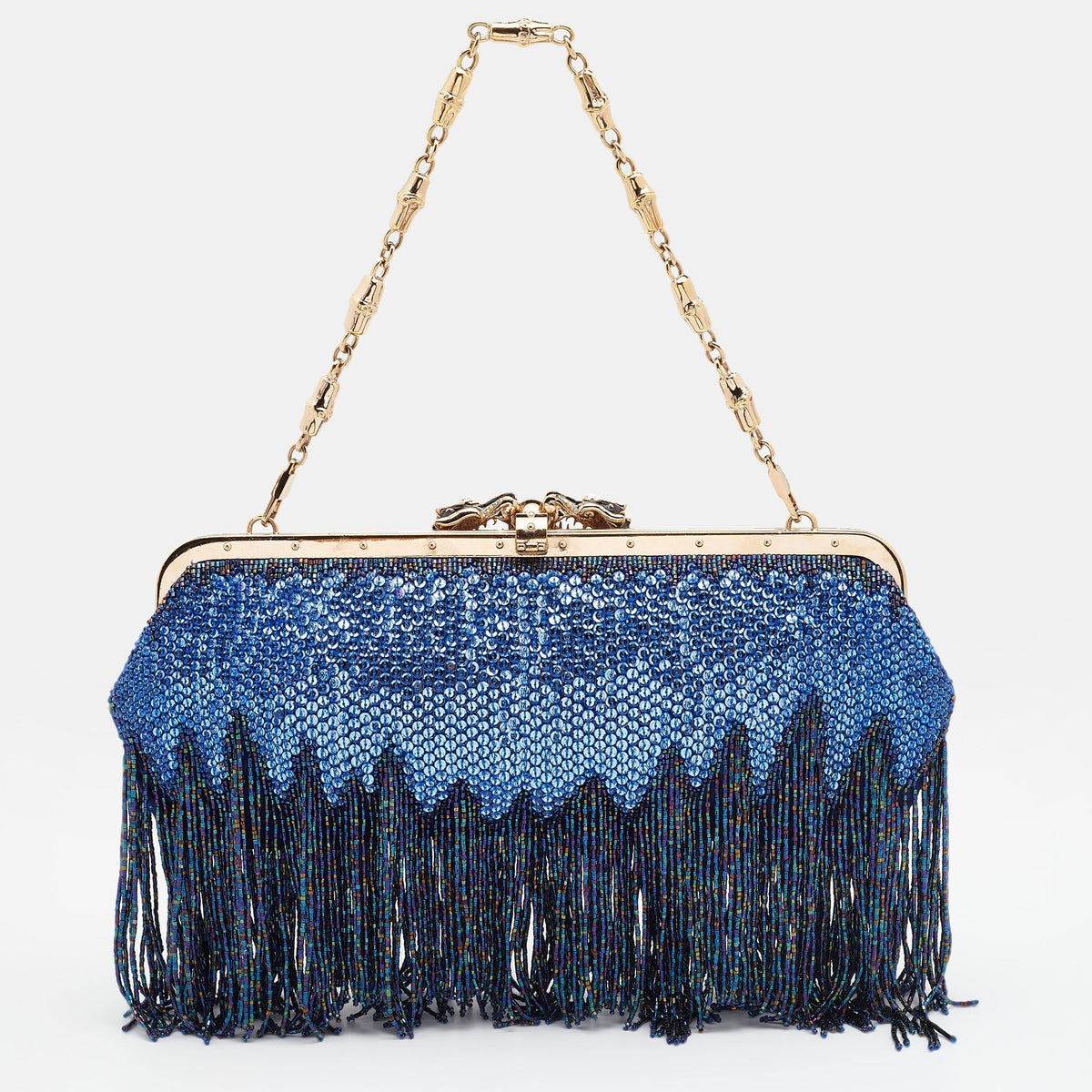 Gucci Blue/Purple Crystal and Satin Fringe Dragon Embellished Evening Bag
