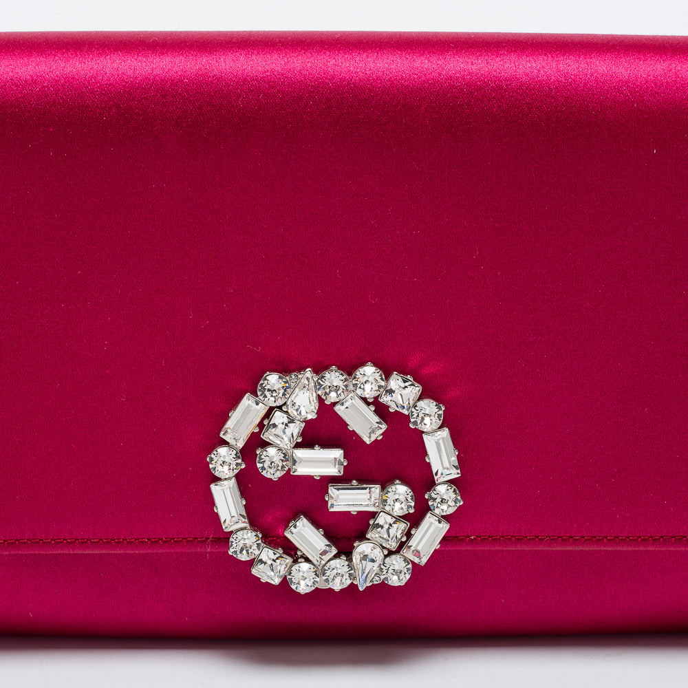 Gucci Pink Satin Crystal Interlocking G Broadway Clutch
