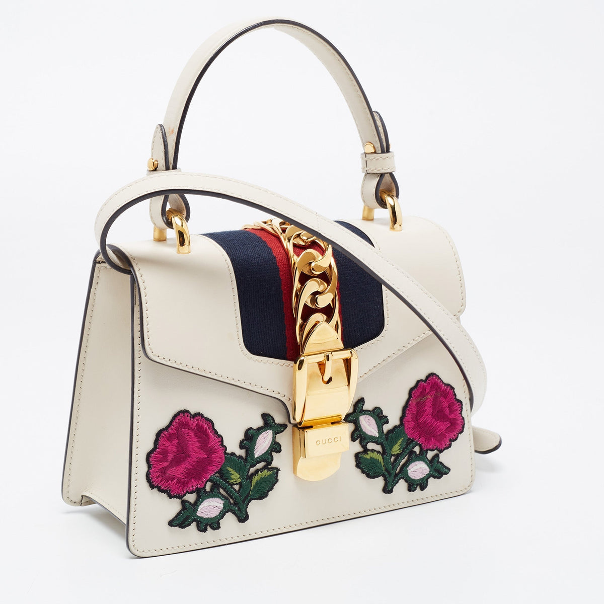 GUCCI White Leather Mini Sylvie Top Handle Bag