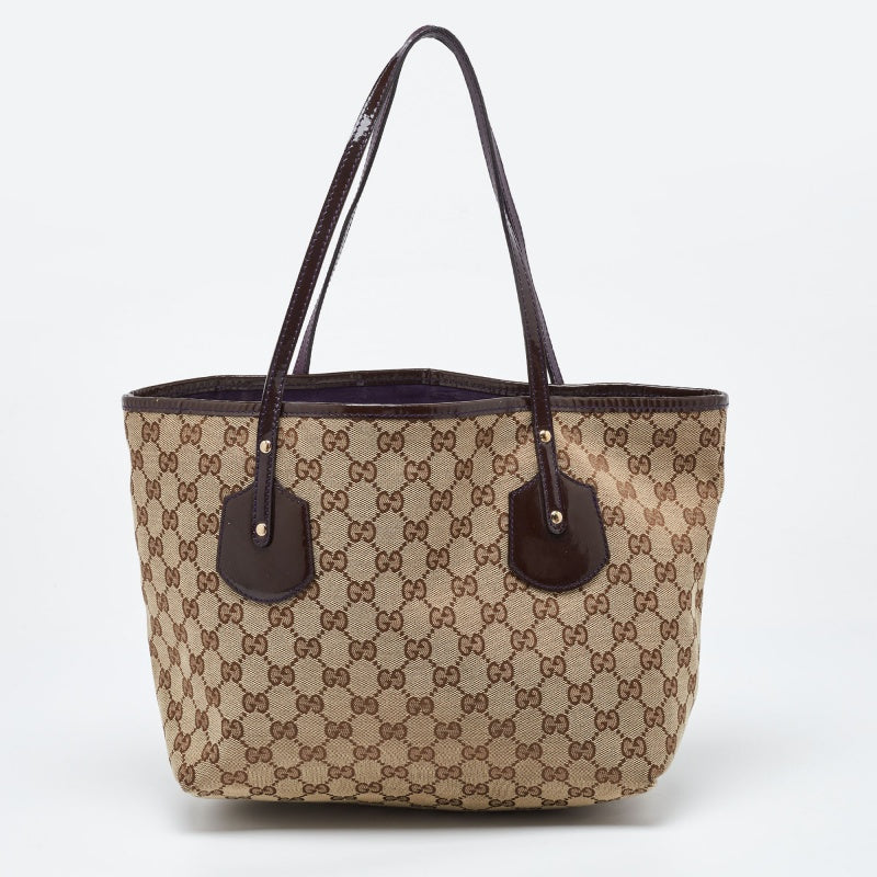 GUCCI Beige/Brown GG Canvas and Patent Leather Small Jolie Web Charms Tote