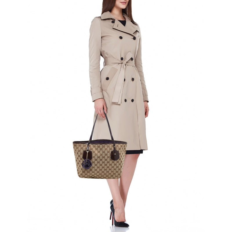 GUCCI Beige/Brown GG Canvas and Patent Leather Small Jolie Web Charms Tote