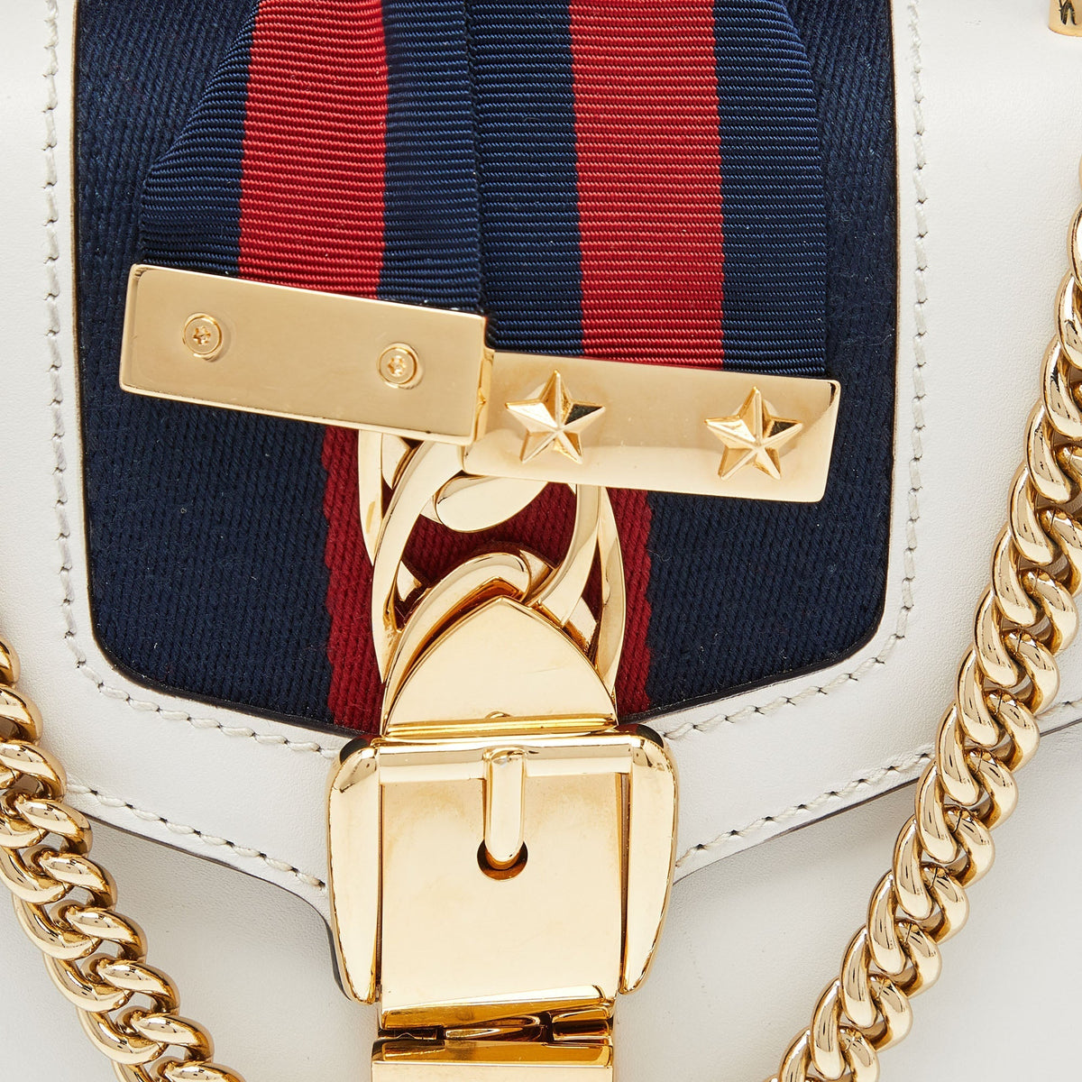 GUCCI Off White Leather Mini Web Chain Sylvie Crossbody Bag