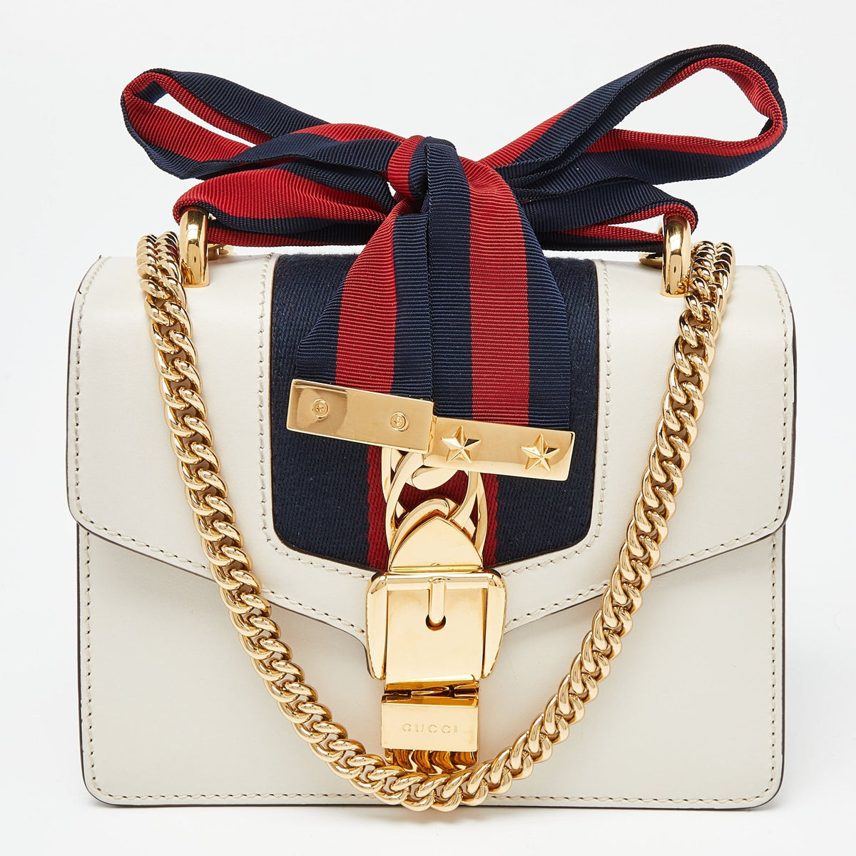 GUCCI Off White Leather Mini Web Chain Sylvie Crossbody Bag