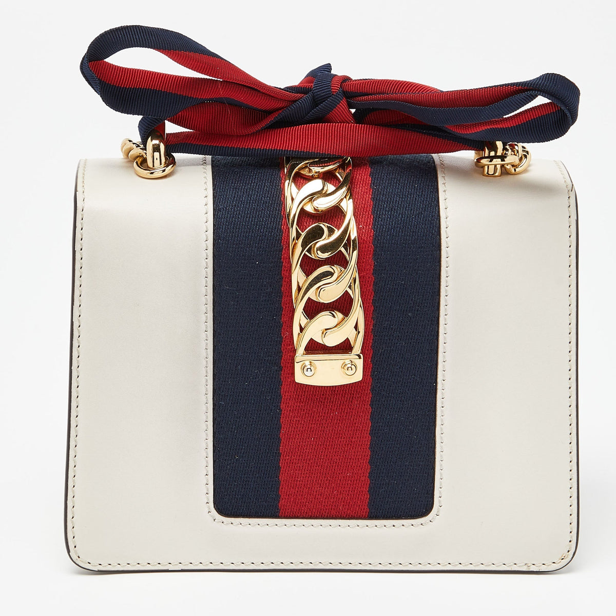 GUCCI Off White Leather Mini Web Chain Sylvie Crossbody Bag