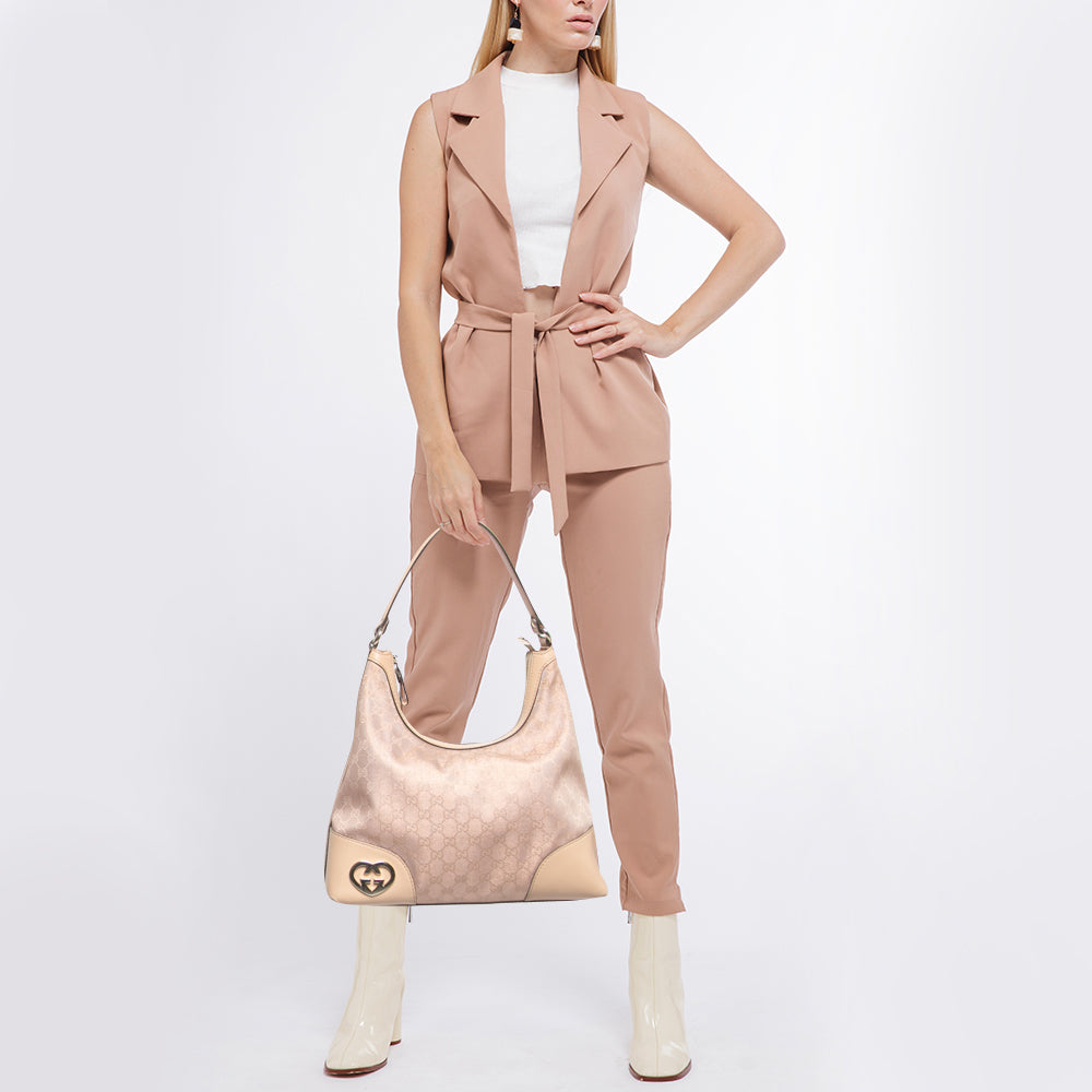 GUCCI Beige/Metallic Pink GG Canvas and Leather Medium Lovely Hobo