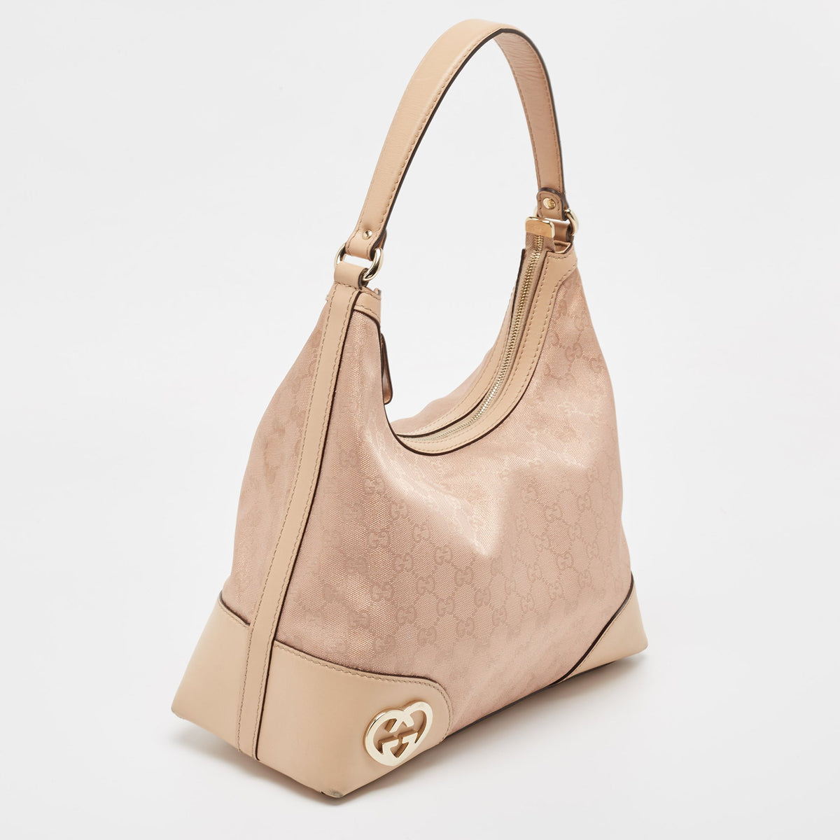 GUCCI Beige/Metallic Pink GG Canvas and Leather Medium Lovely Hobo