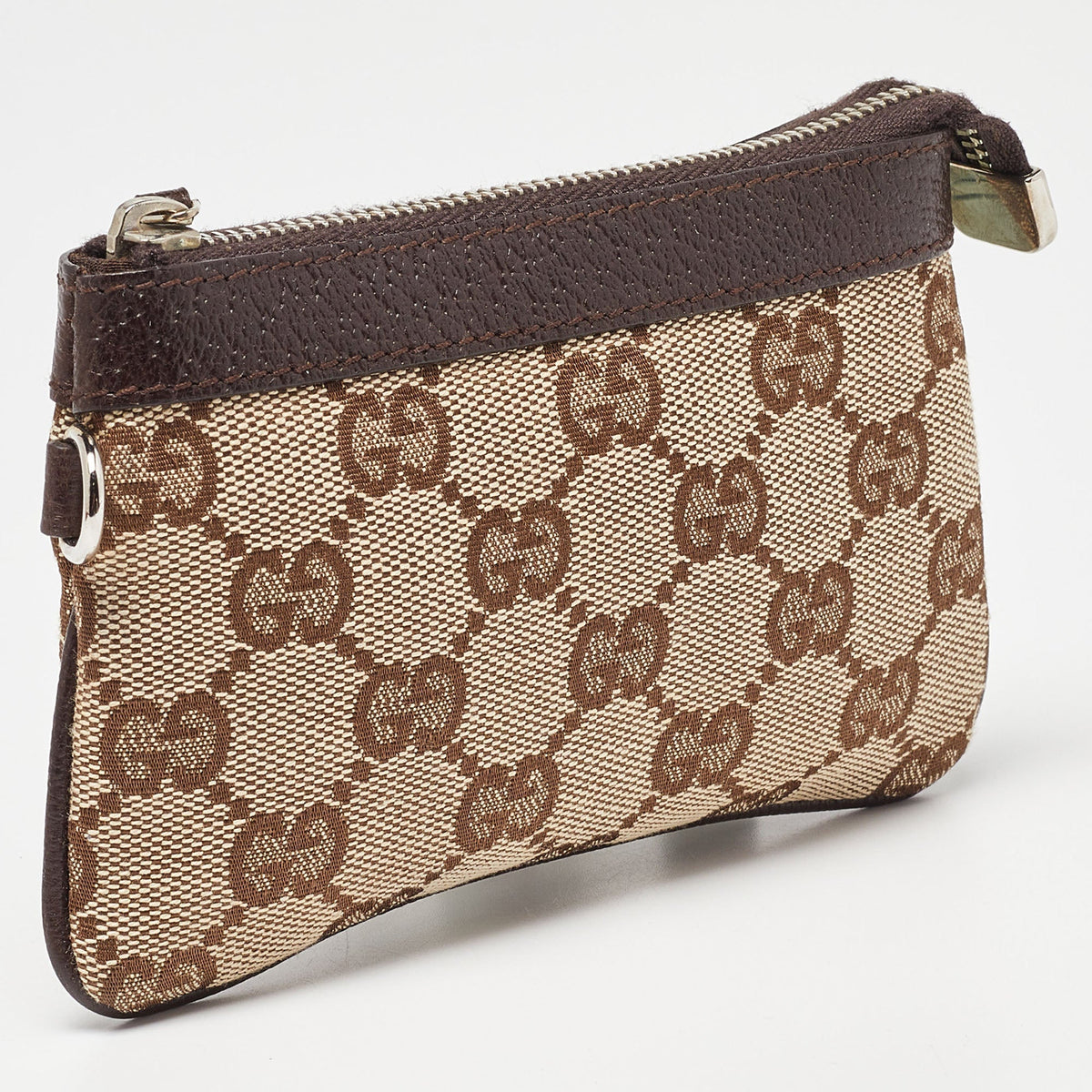 GUCCI Beige/Brown GG Canvas and Leather Zip Pouch