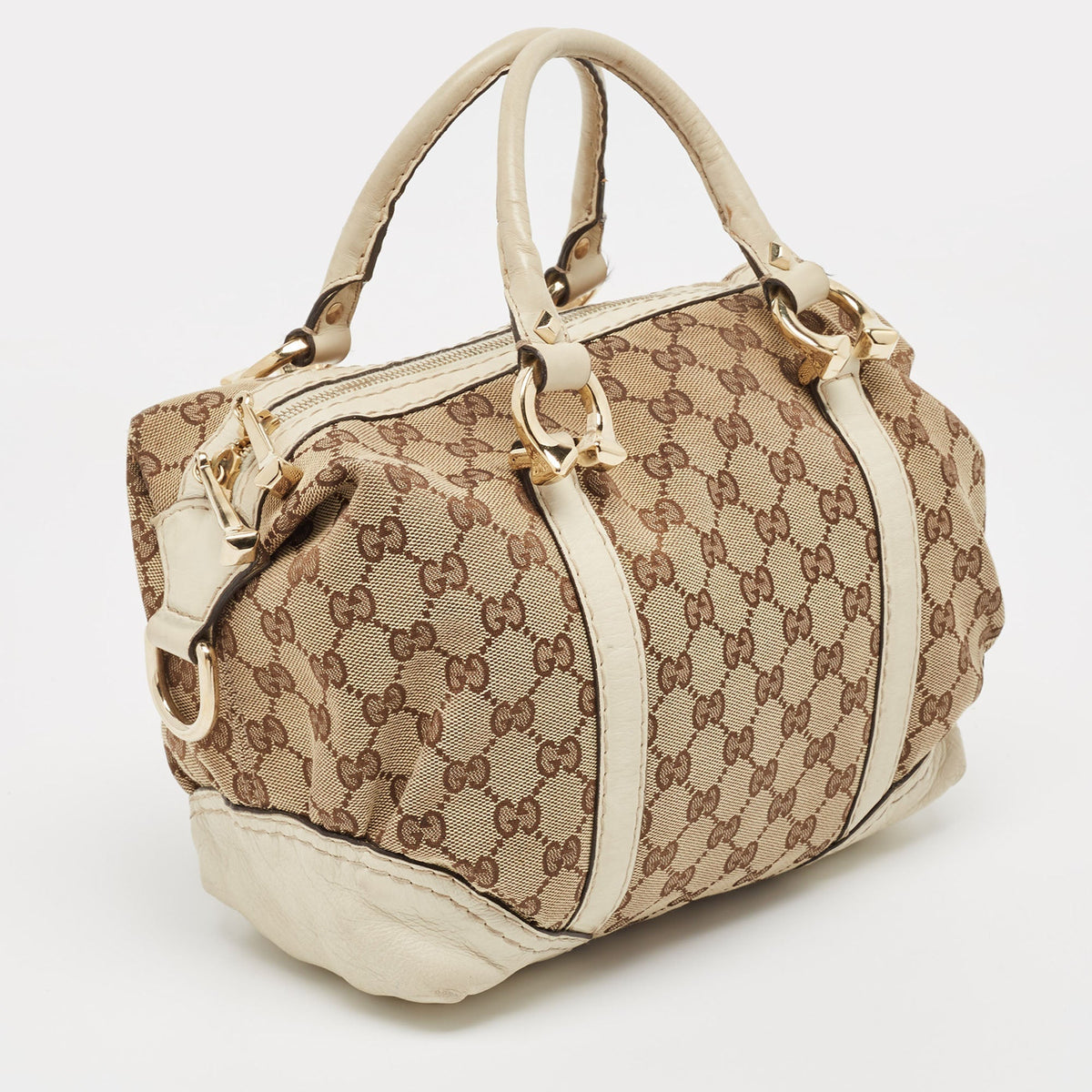 GUCCI Beige/Off White GG Canvas and Leather Equestrian Horseshoe Satchel