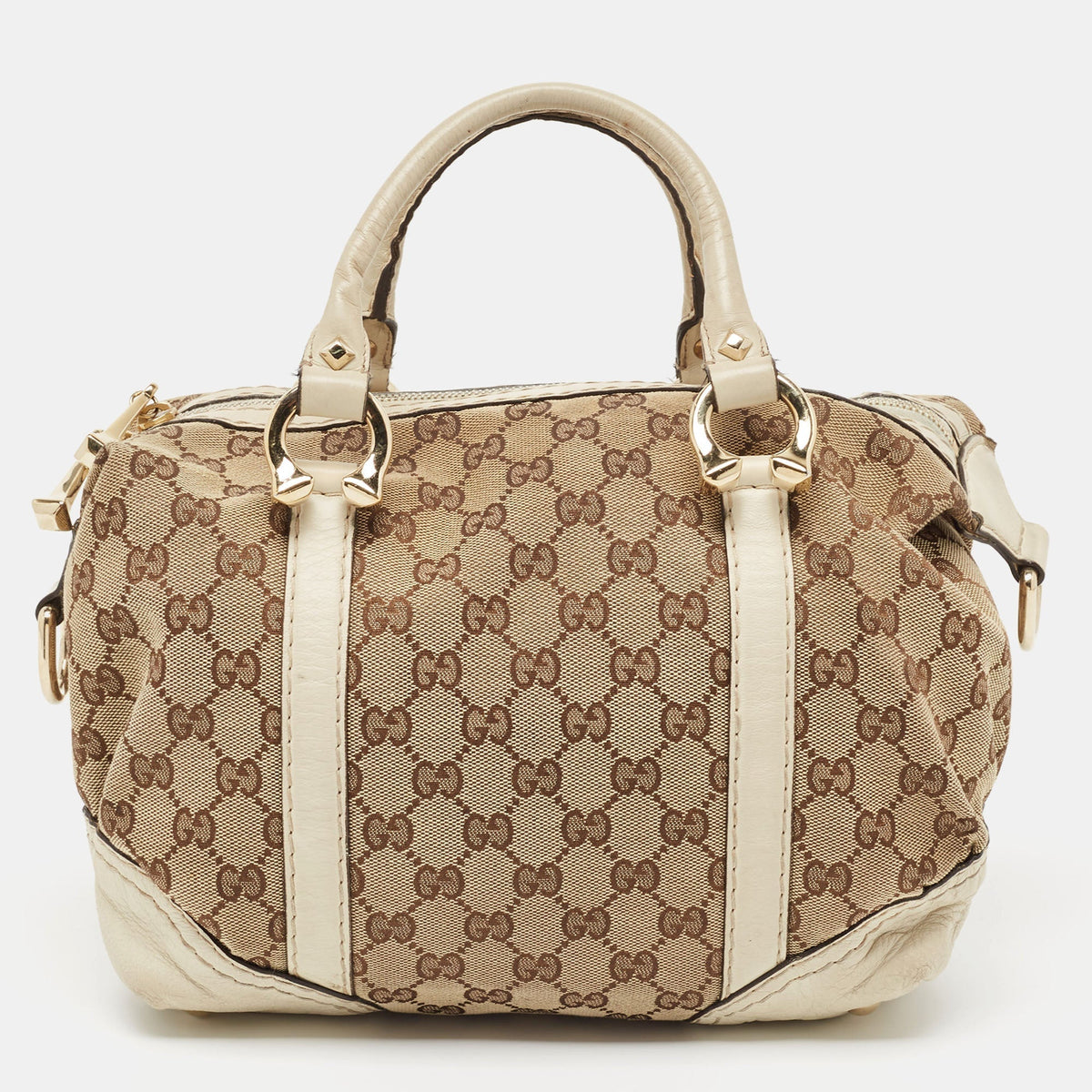 GUCCI Beige/Off White GG Canvas and Leather Equestrian Horseshoe Satchel
