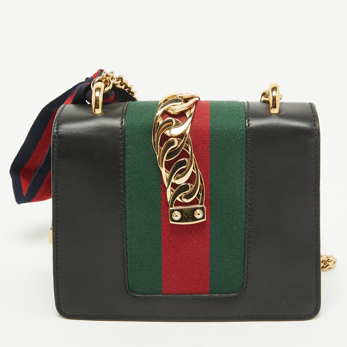 GUCCI Black Leather Mini Web Chain Sylvie Crossbody Bag
