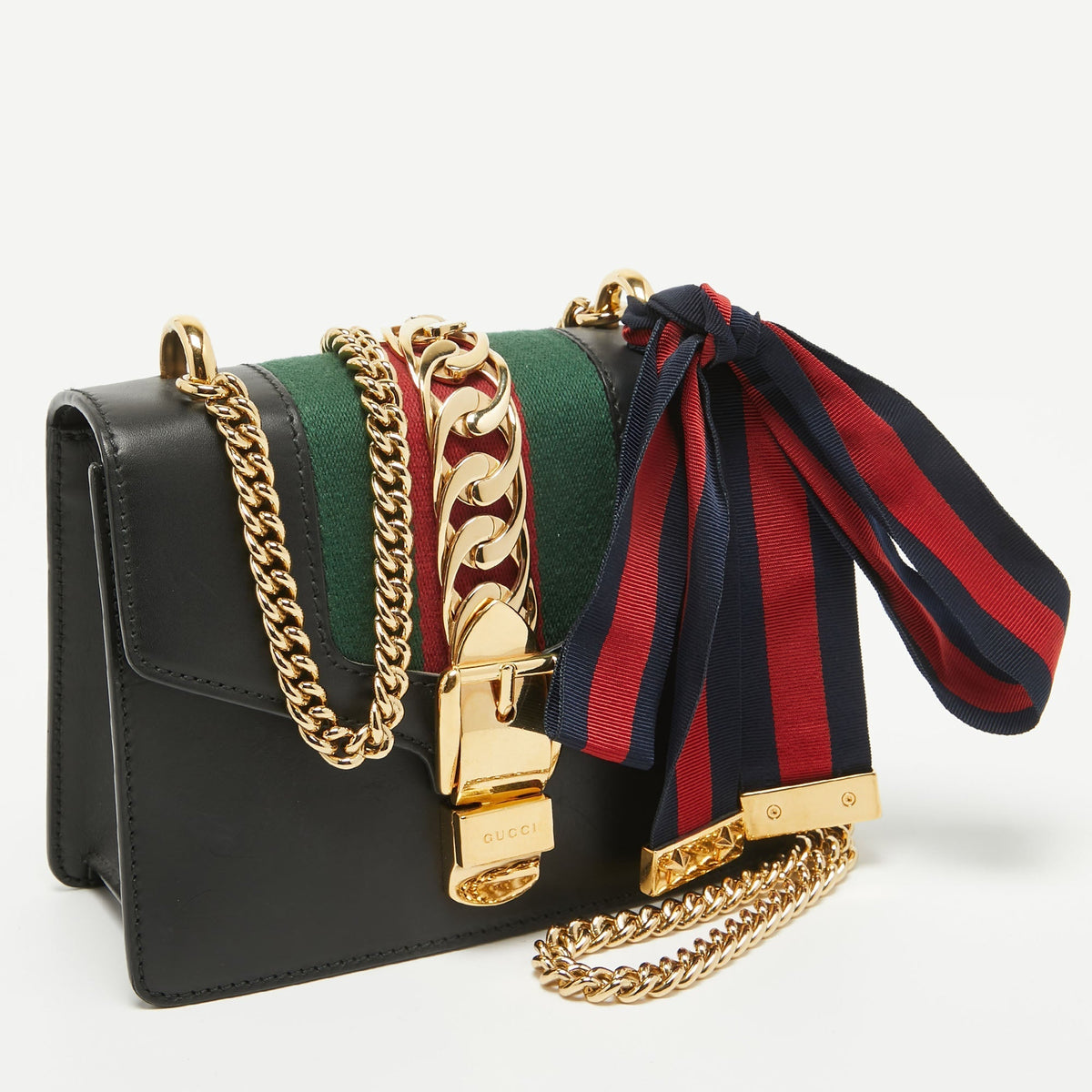 GUCCI Black Leather Mini Web Chain Sylvie Crossbody Bag