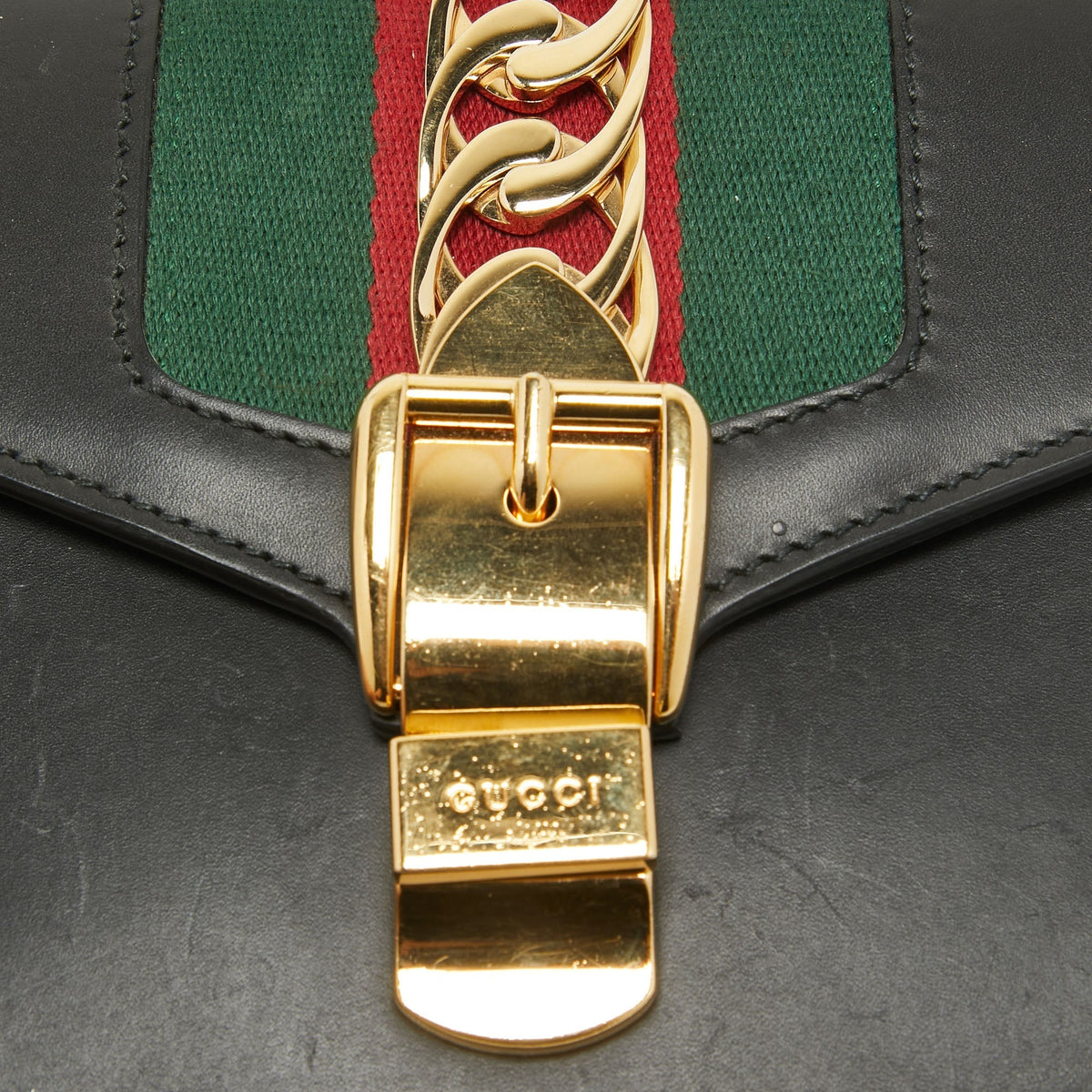 GUCCI Black Leather Mini Web Chain Sylvie Crossbody Bag