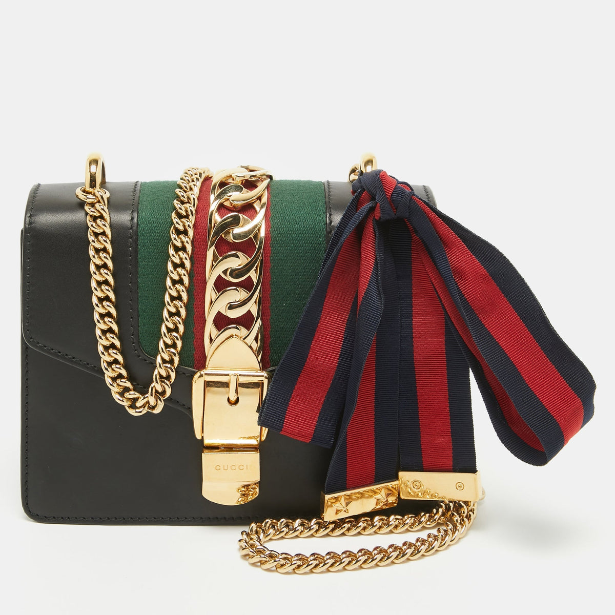 GUCCI Black Leather Mini Web Chain Sylvie Crossbody Bag
