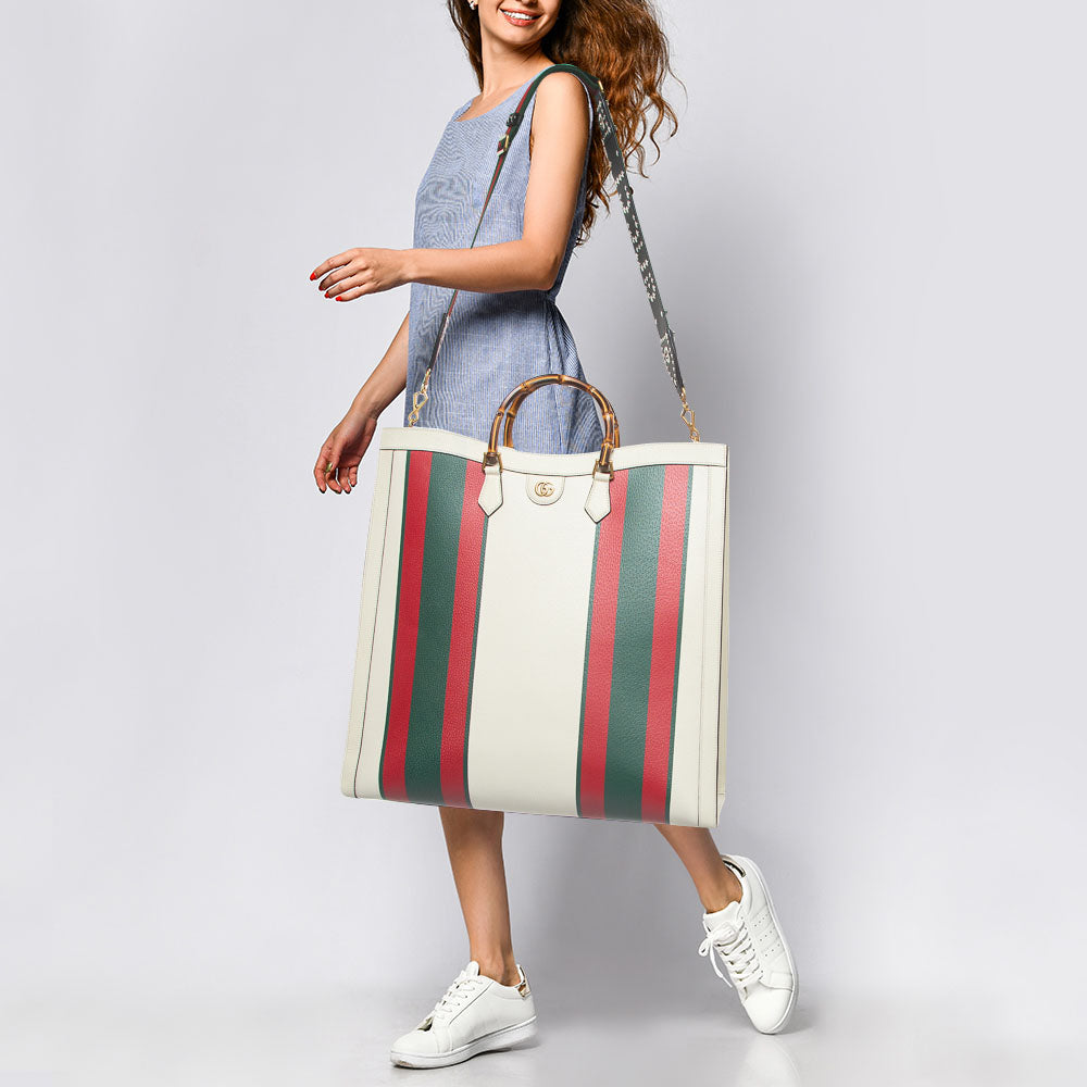 GUCCI Off White Leather Web Print Maxi Diana Tote