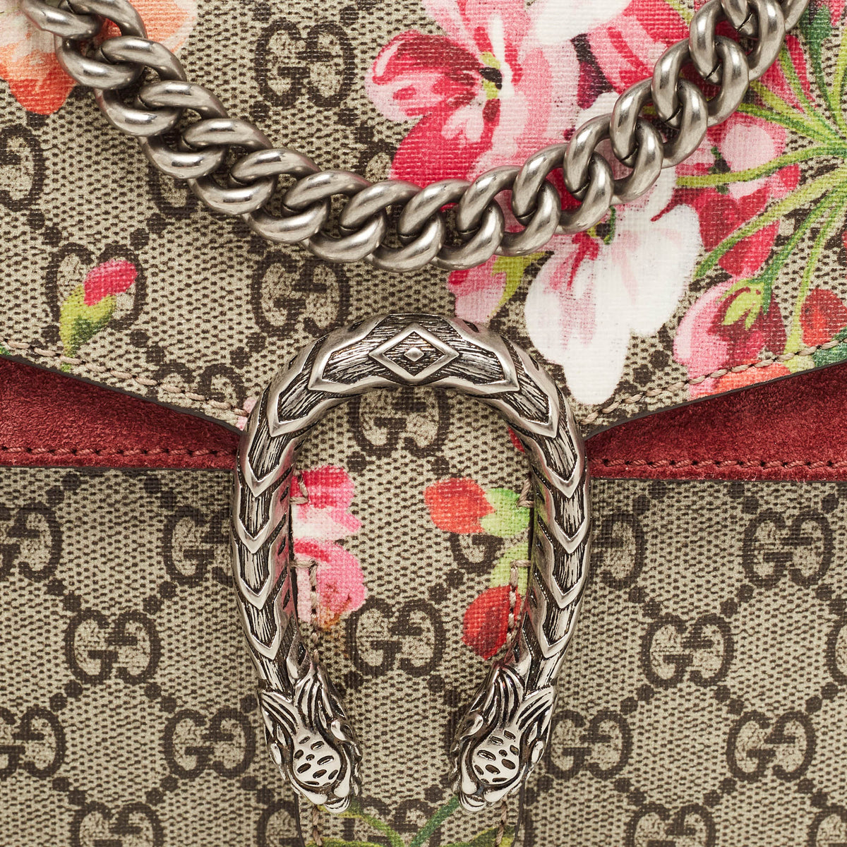 GUCCI Burgundy/Beige GG Supreme Canvas and Suede Mini Blooms Dionysus Shoulder Bag