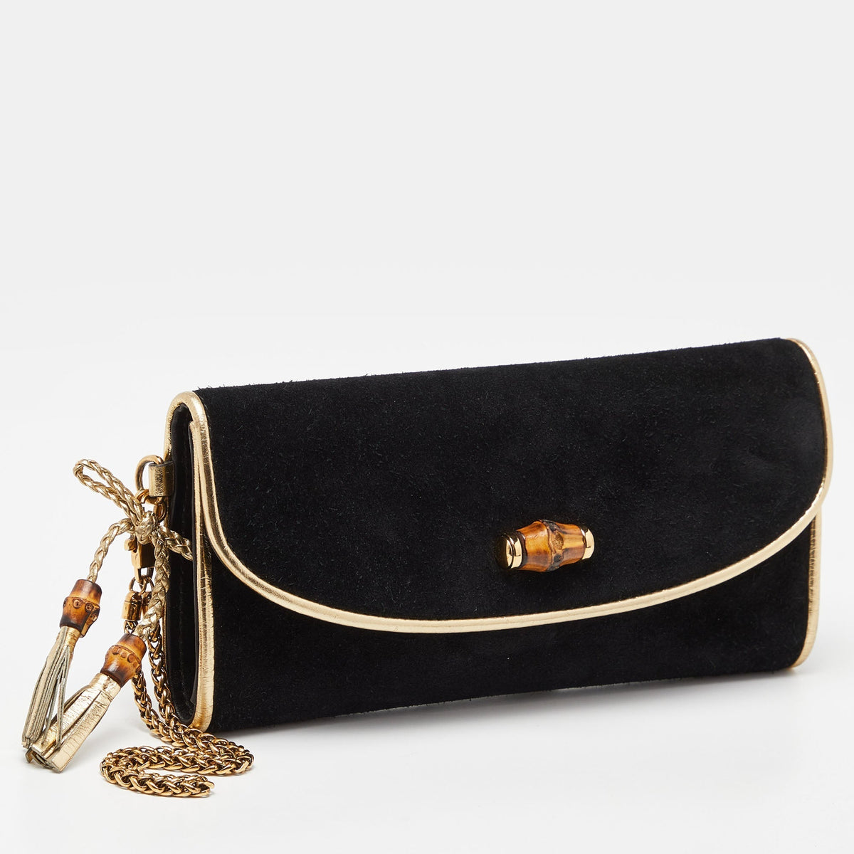 GUCCI Black/Gold Suede Bamboo Wristlet Clutch