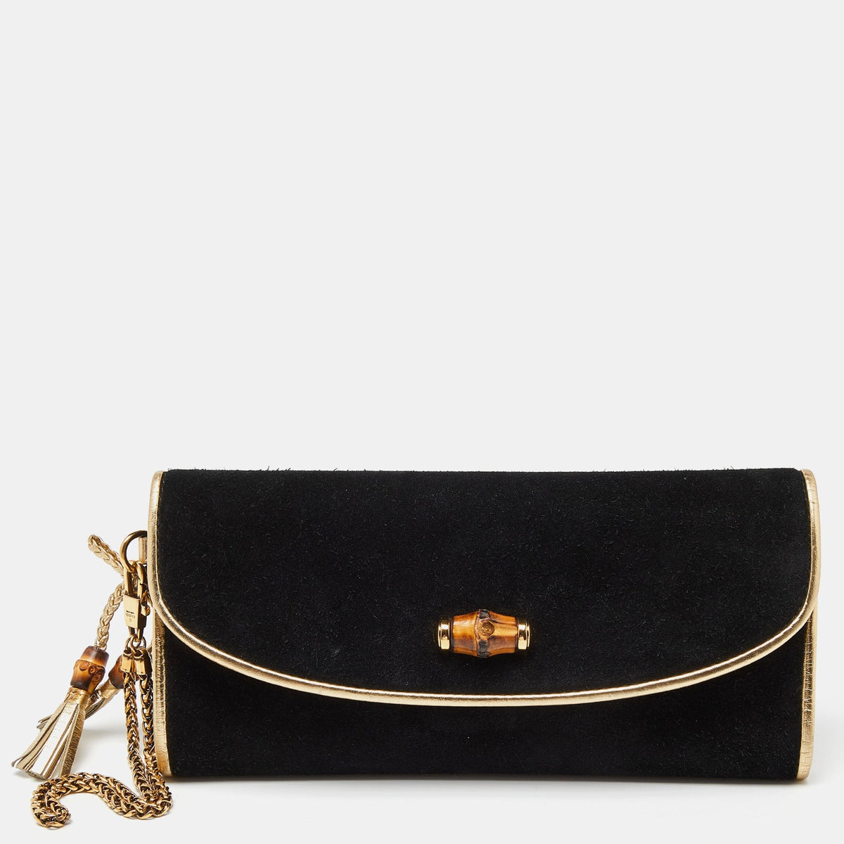 GUCCI Black/Gold Suede Bamboo Wristlet Clutch