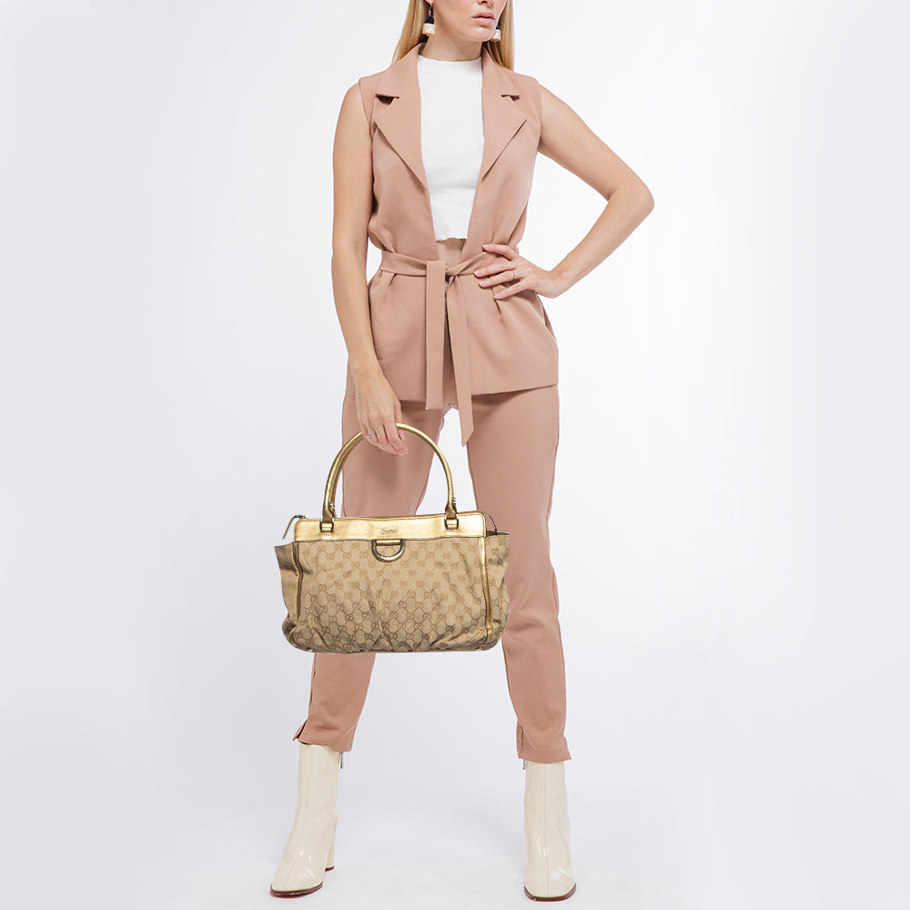 GUCCI Gold/Beige GG Canvas and Leather D Ring Tote
