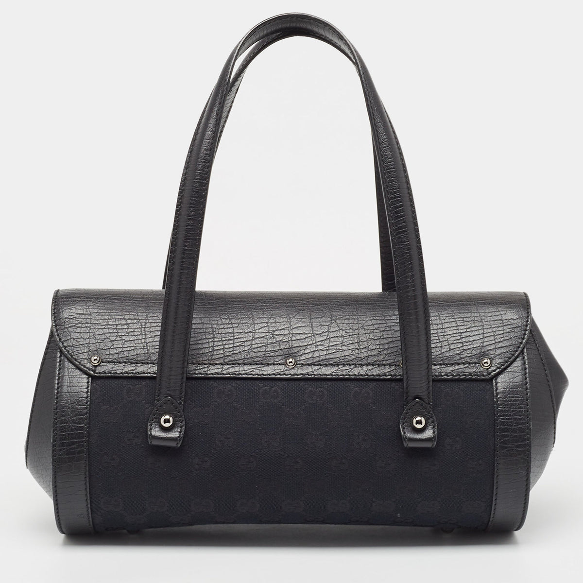 GUCCI Black GG Canvas and Leather Bamboo Bullet Satchel