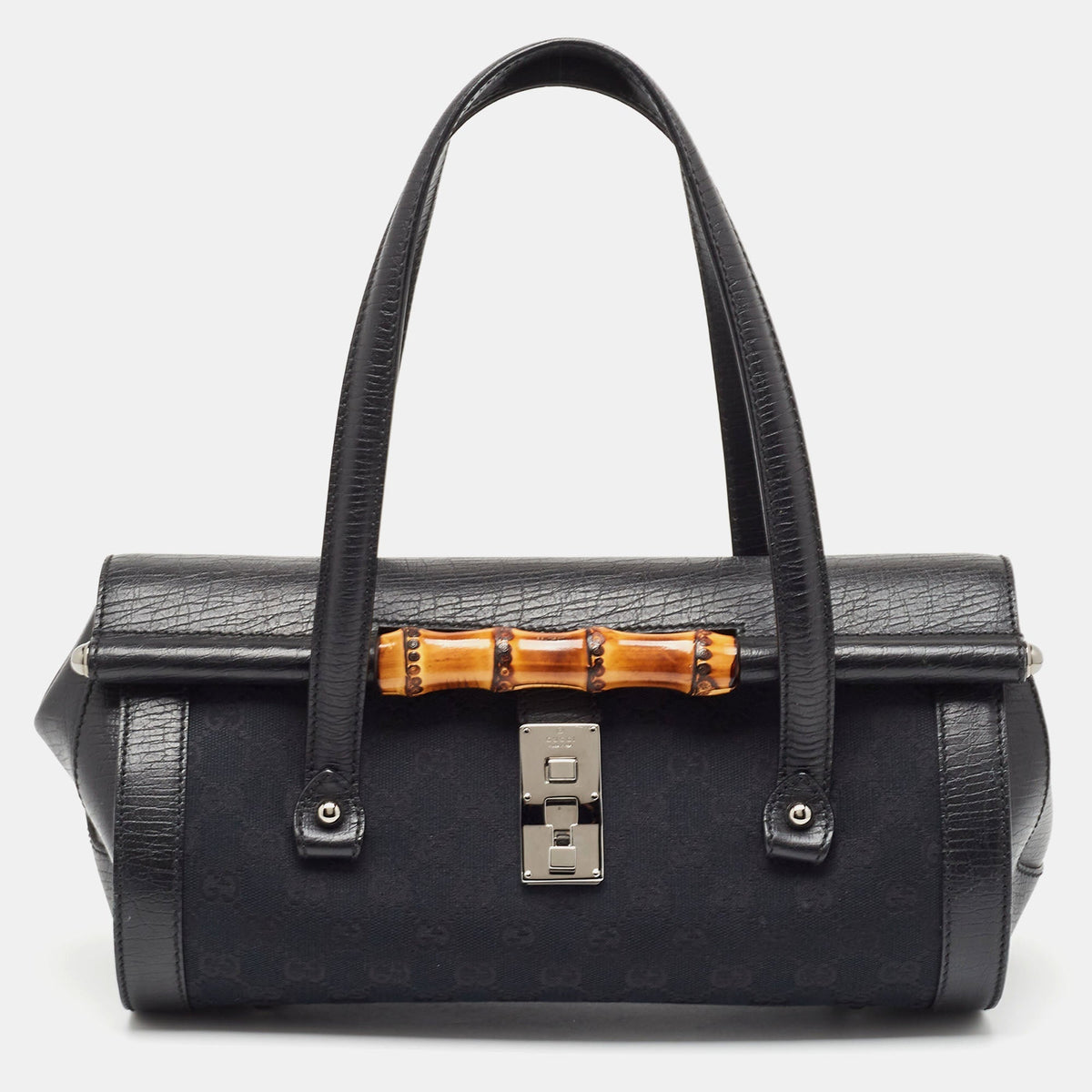 GUCCI Black GG Canvas and Leather Bamboo Bullet Satchel