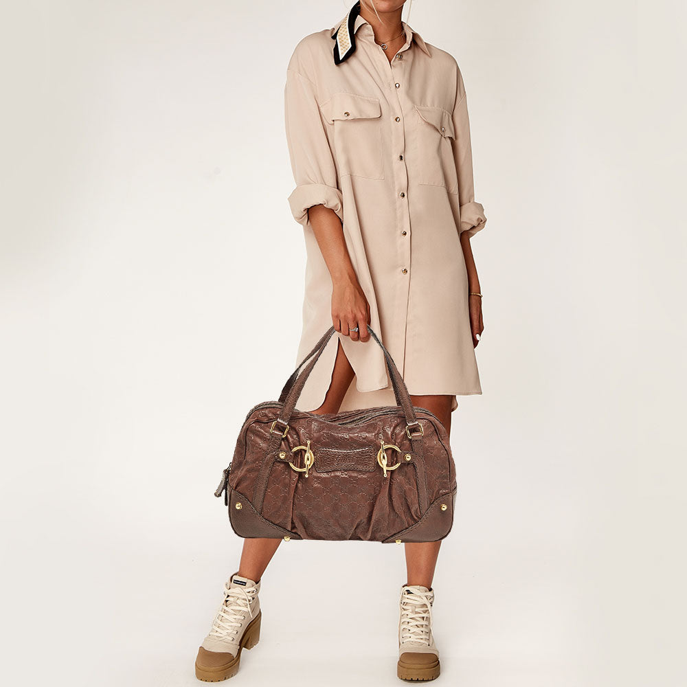 GUCCI Dark Brown ssima Leather Jockey Boston Bag