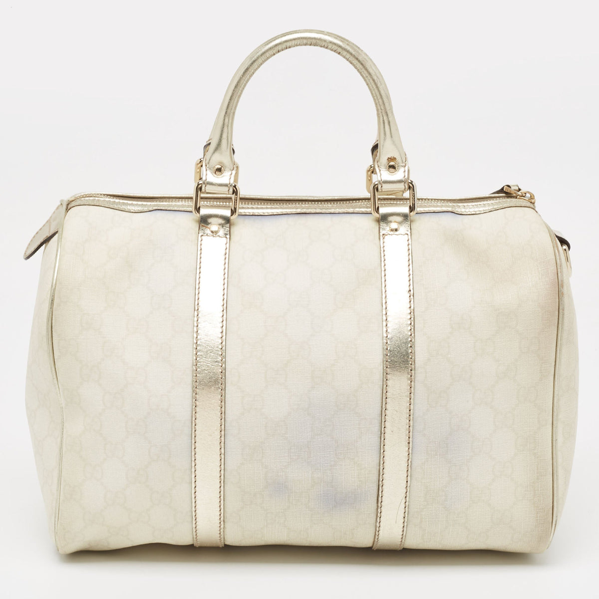 GUCCI Off White/Gold GG Supreme Canvas and Glossy Leather Medium Joy Boston Bag