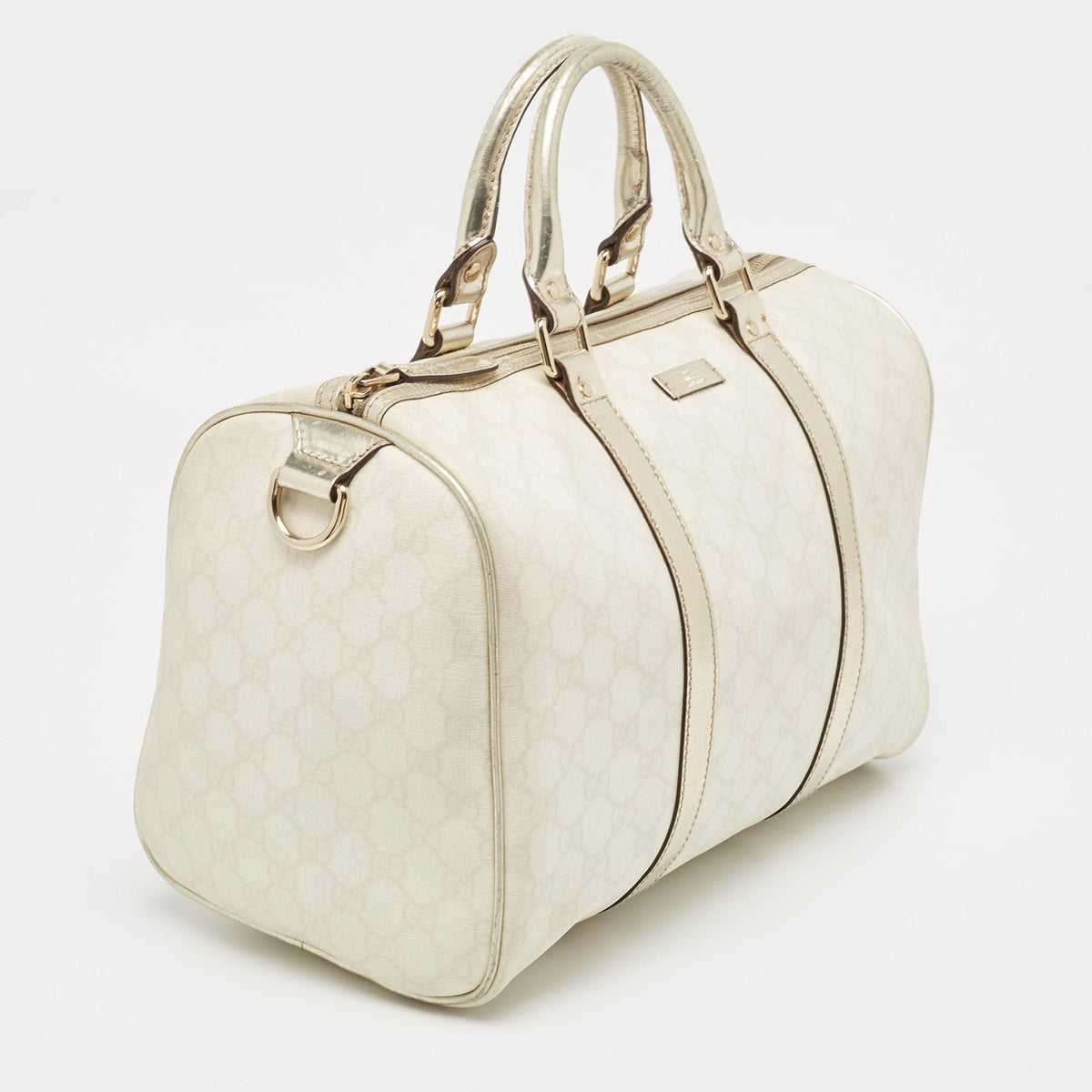 GUCCI Off White/Gold GG Supreme Canvas and Glossy Leather Medium Joy Boston Bag