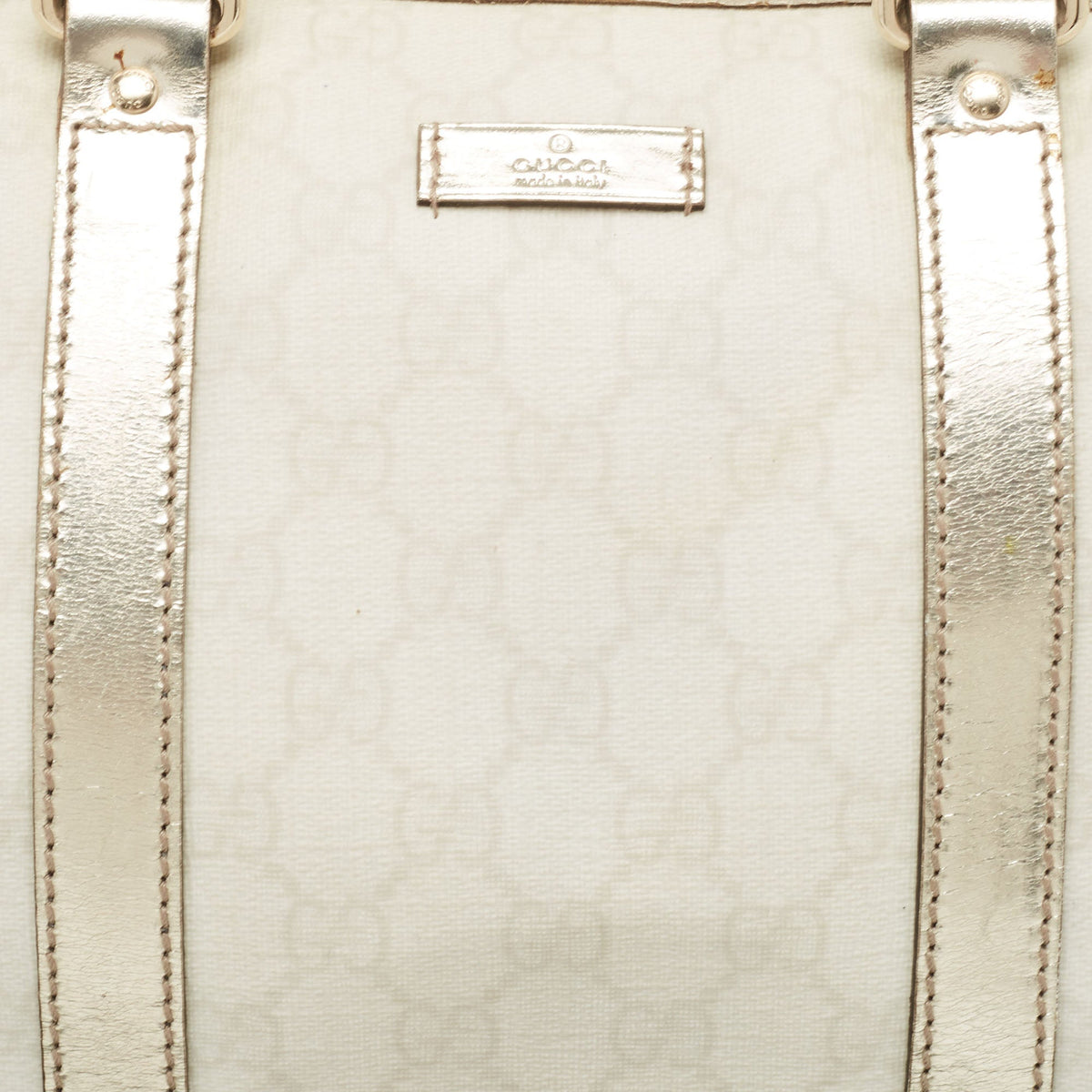 GUCCI Off White/Gold GG Supreme Canvas and Glossy Leather Medium Joy Boston Bag