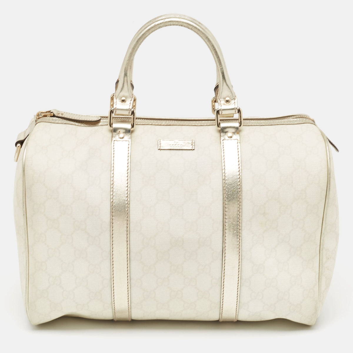 GUCCI Off White/Gold GG Supreme Canvas and Glossy Leather Medium Joy Boston Bag