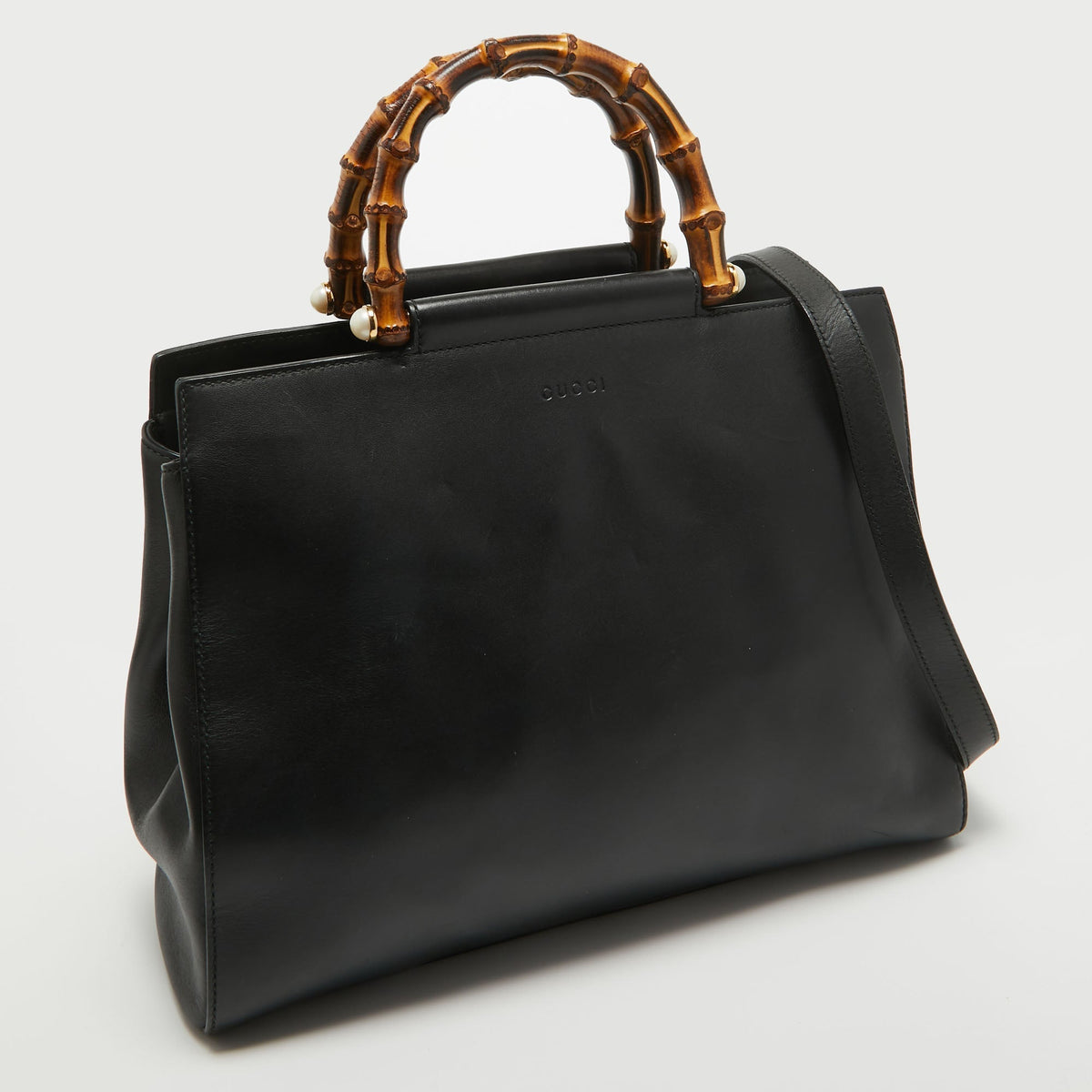 GUCCI Black Leather Bamboo Nymphaea Tote