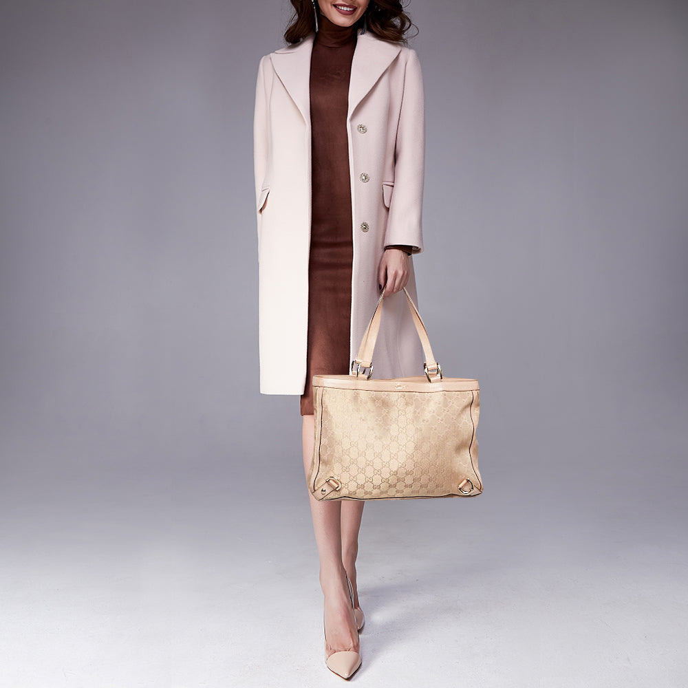 GUCCI Dusty Pink/Gold GG Lurex Fabric and Leather Tote