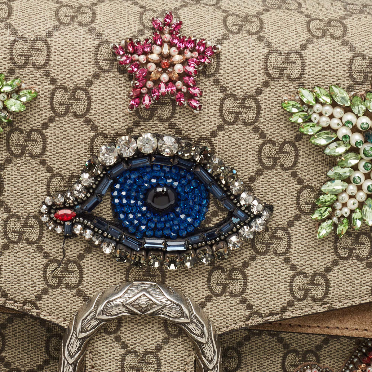 GUCCI Beige GG Supreme Canvas and Suede Medium Dubai Exclusive Dionysus Embellished Shoulder Bag