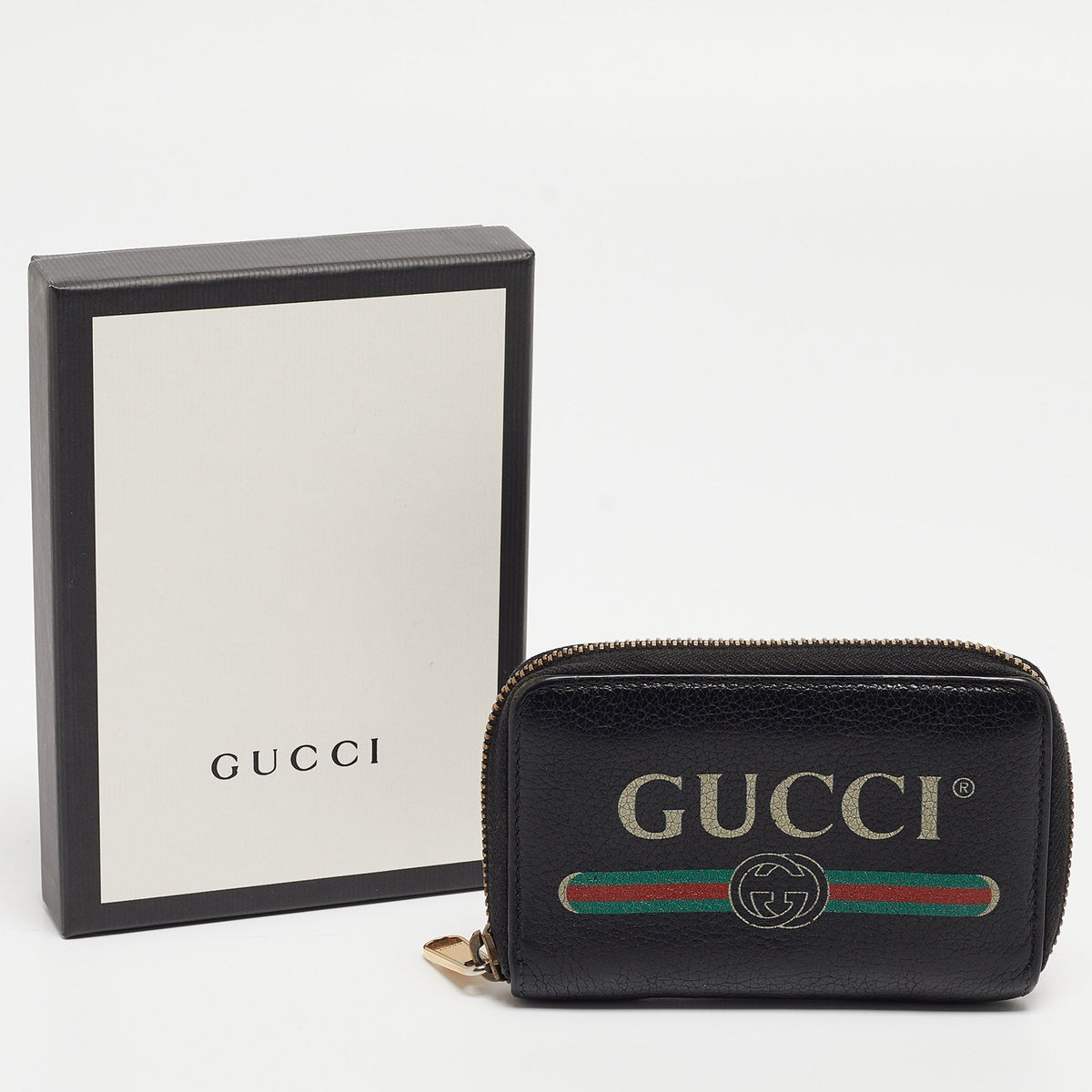GUCCI Black Leather Logo Zip Purse