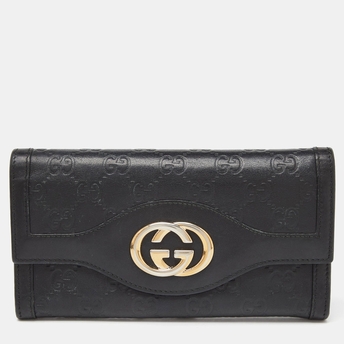 GUCCI Black ssima Leather Flap Continental Wallet