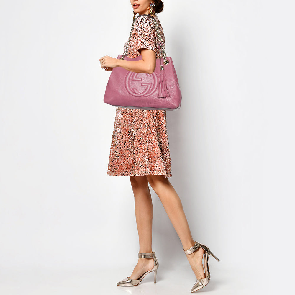GUCCI Pink Pebbled Leather Medium Soho Chain Tote