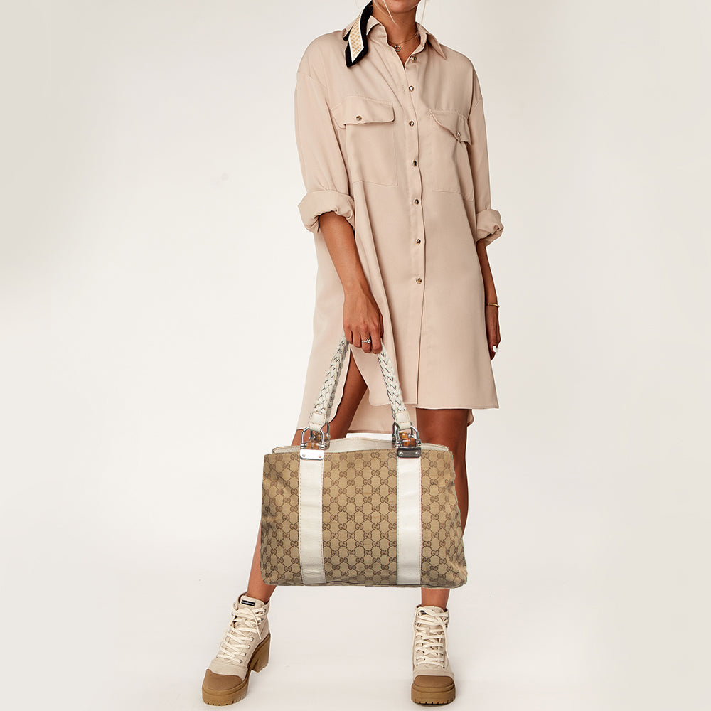 GUCCI Beige/Cream GG Canvas and Leather Large Bamboo Bar Tote