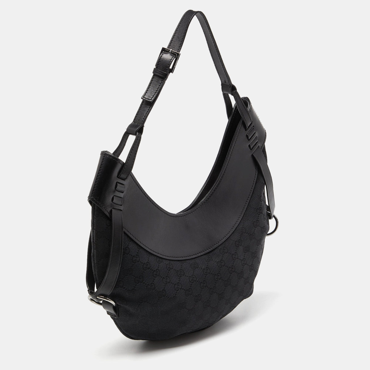GUCCI Black GG Canvas and Leather Hobo
