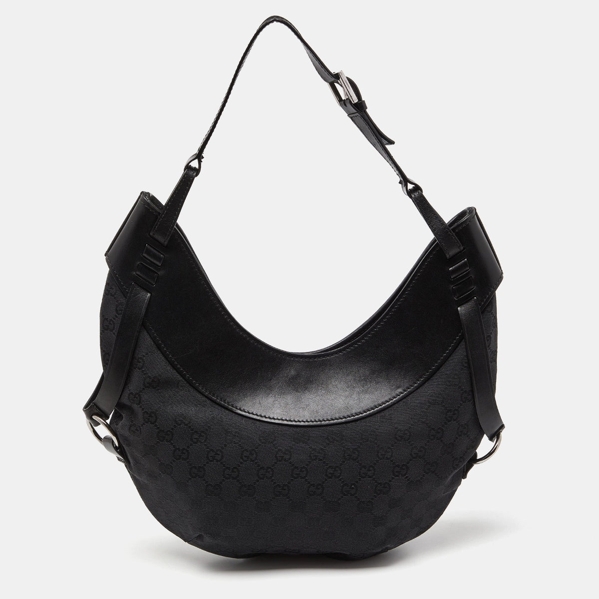 GUCCI Black GG Canvas and Leather Hobo