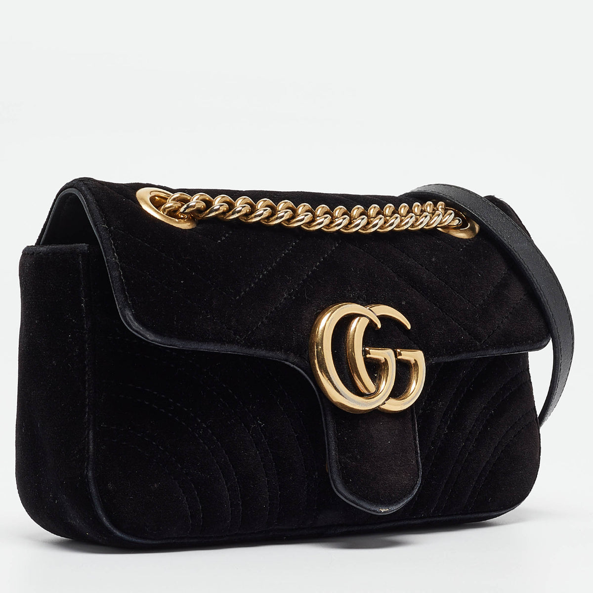 GUCCI Black Matelasse Velvet Mini GG Marmont Shoulder Bag