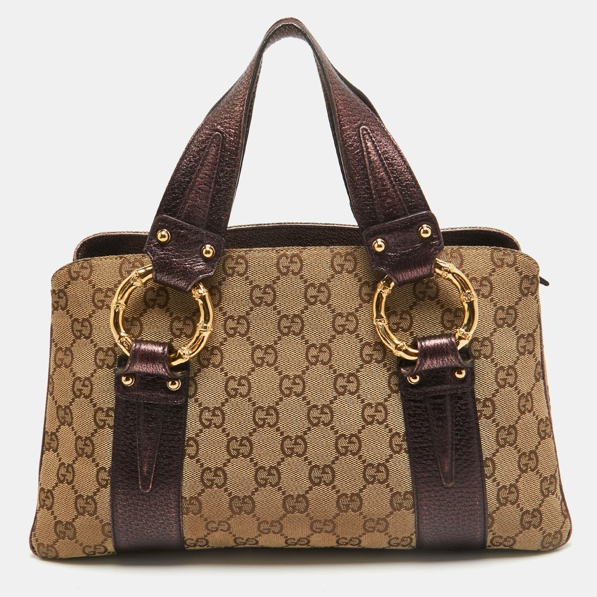 GUCCI Metallic Purple/Beige GG Canvas Metal Bamboo Ring Bag