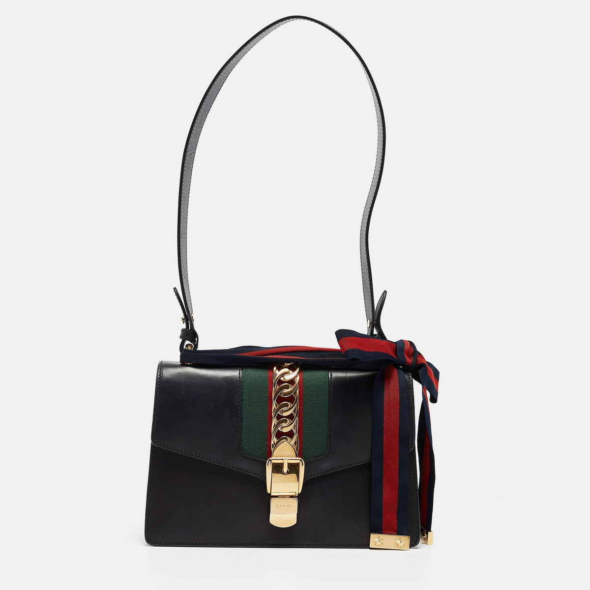GUCCI Black Leather Small Web Sylvie Shoulder Bag