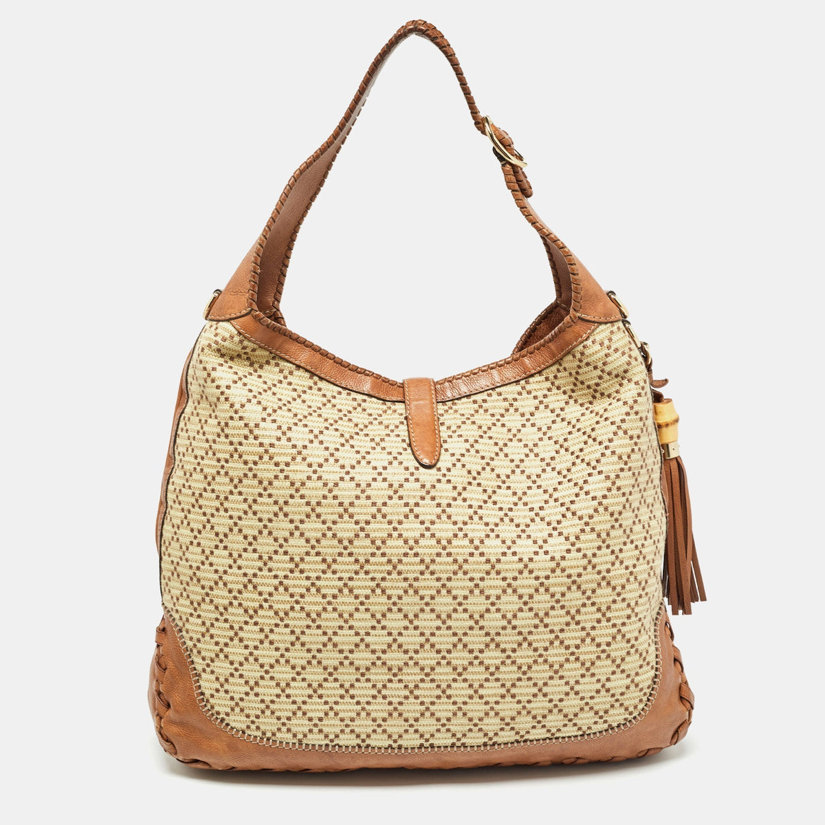 GUCCI Brown/Light Beige Diamante Raffia and Leather Large New Jackie Hobo
