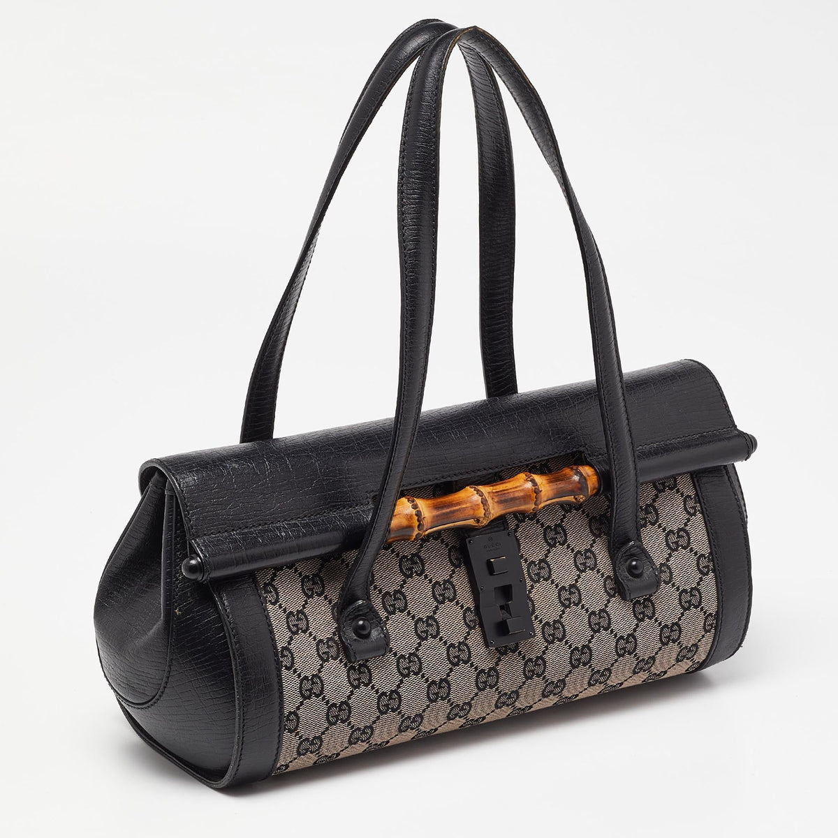 GUCCI Beige/Black GG Canvas and Leather Bamboo Bullet Satchel