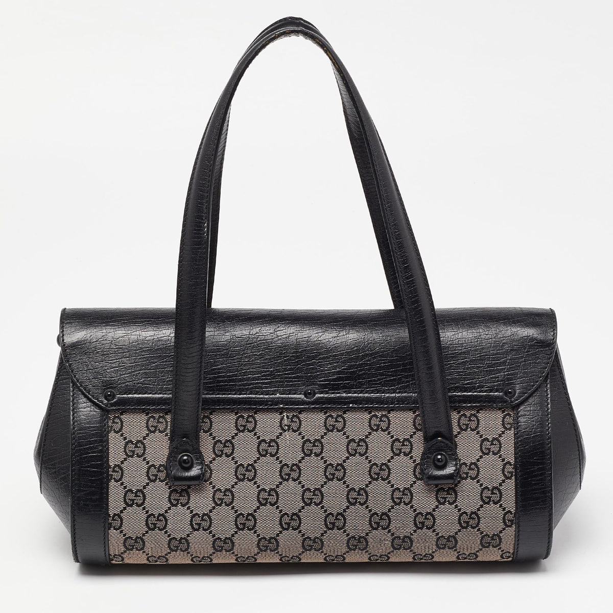 GUCCI Beige/Black GG Canvas and Leather Bamboo Bullet Satchel