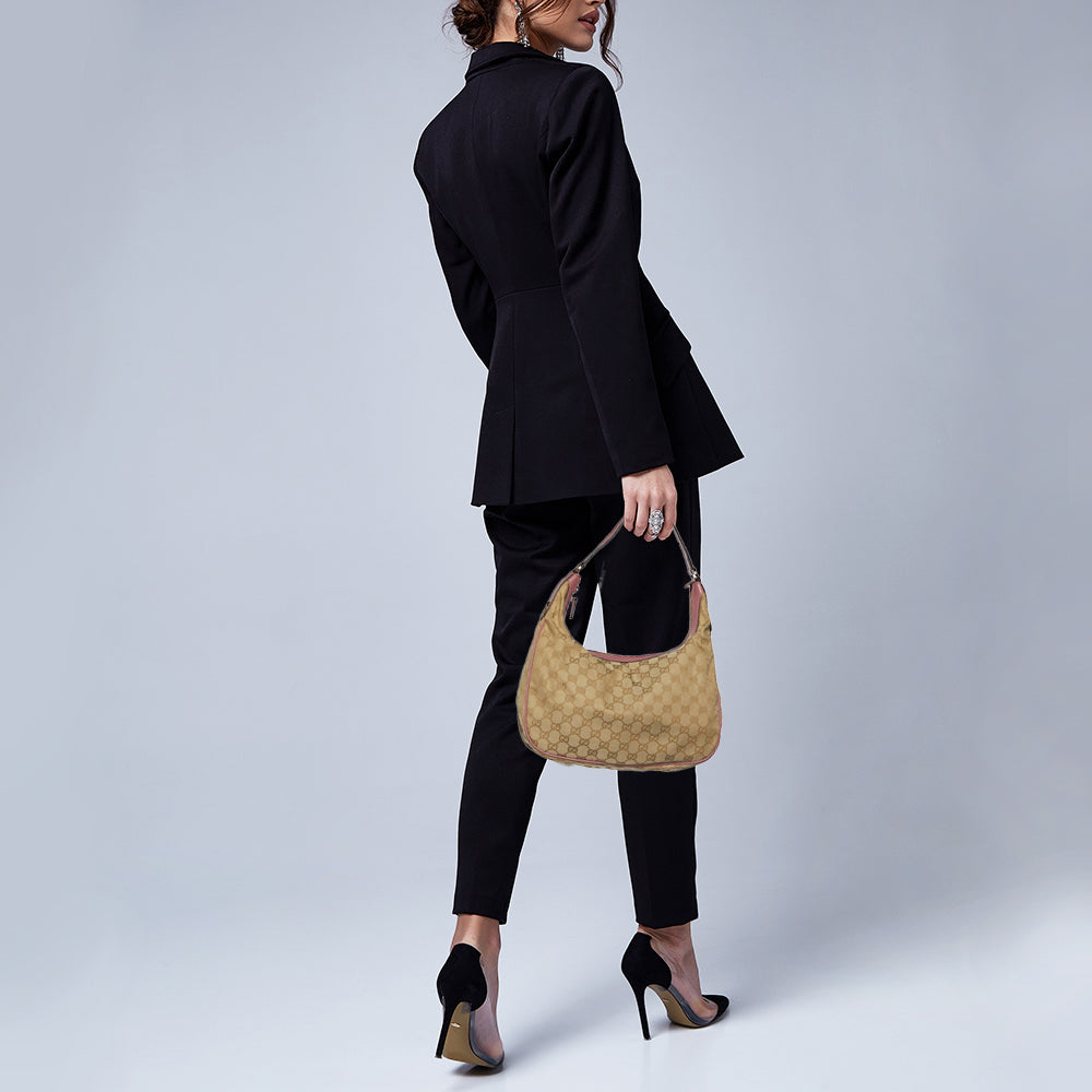 GUCCI Beige/Pink GG Canvas and Leather Hobo
