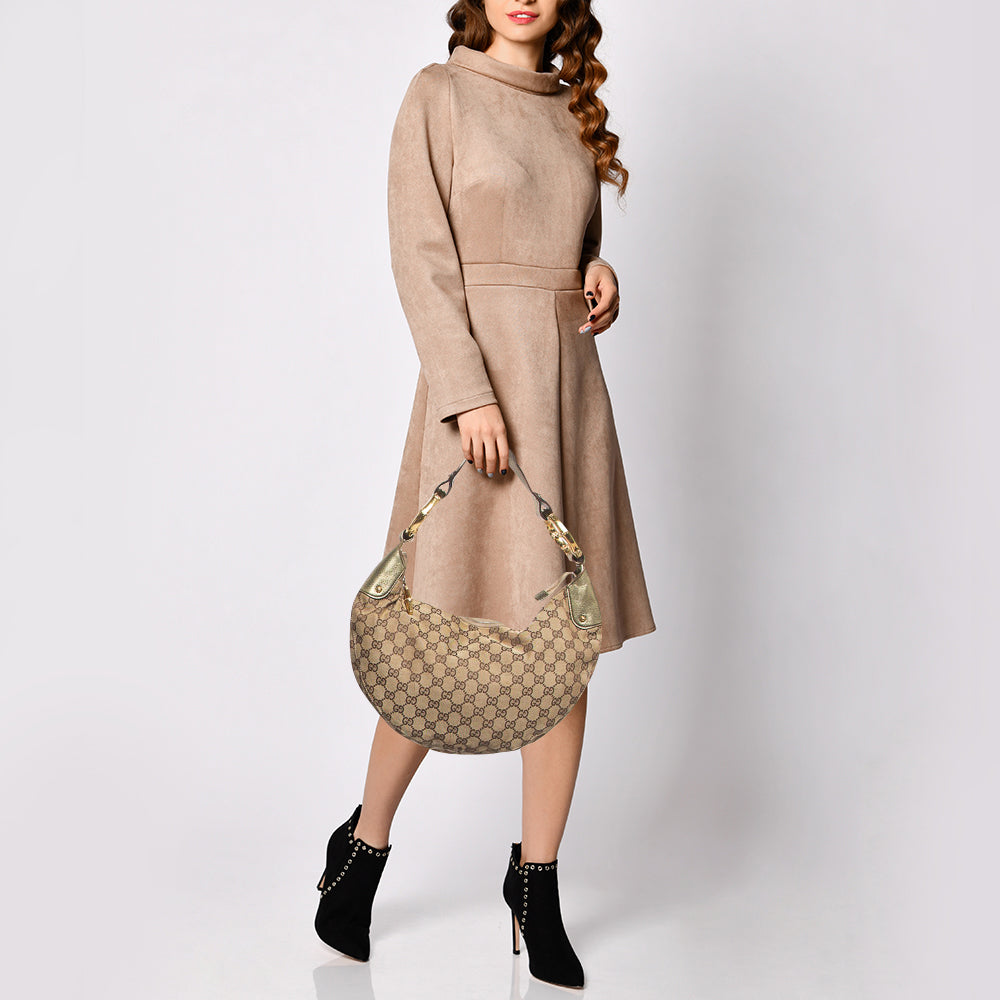 GUCCI Green/Beige GG Canvas and Leather Metal Bamboo Ring Hobo