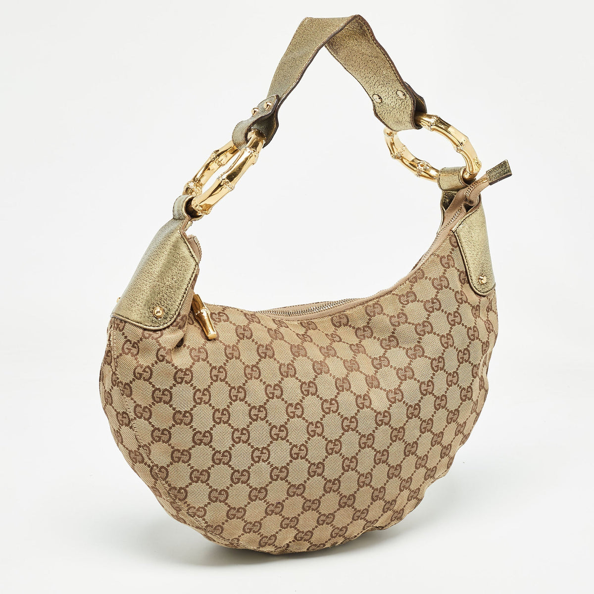 GUCCI Green/Beige GG Canvas and Leather Metal Bamboo Ring Hobo