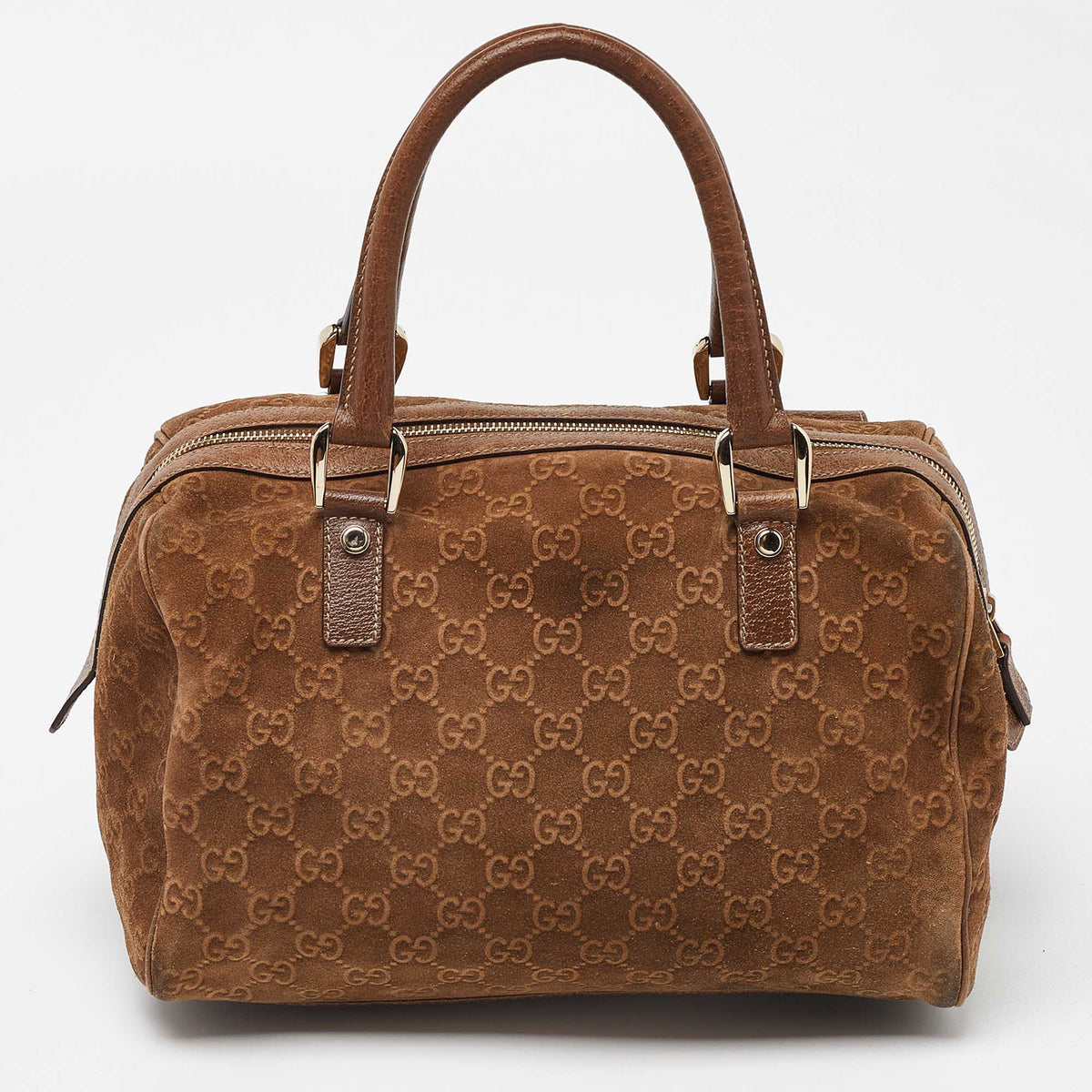 GUCCI Brown GG Suede and Leather Boston Bag