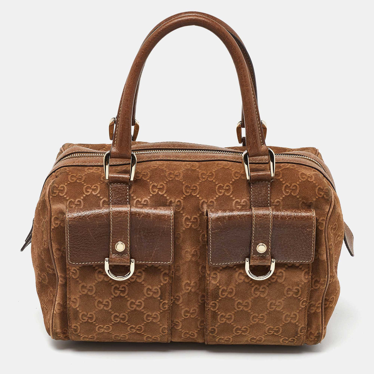 GUCCI Brown GG Suede and Leather Boston Bag